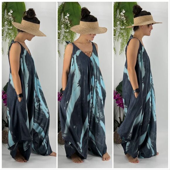 Pōʻalima Turquoise Blue/Charcoal  V Neck Shoulder TieV Neck Shoulder Tie Romper - Picture 1 of 6